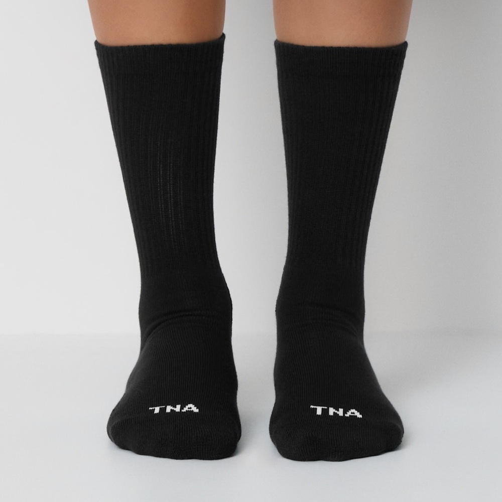 TNA Aritzia Black Best-ever Crew Sock 3 pack Long Socks Size Small Ribbed Cuff